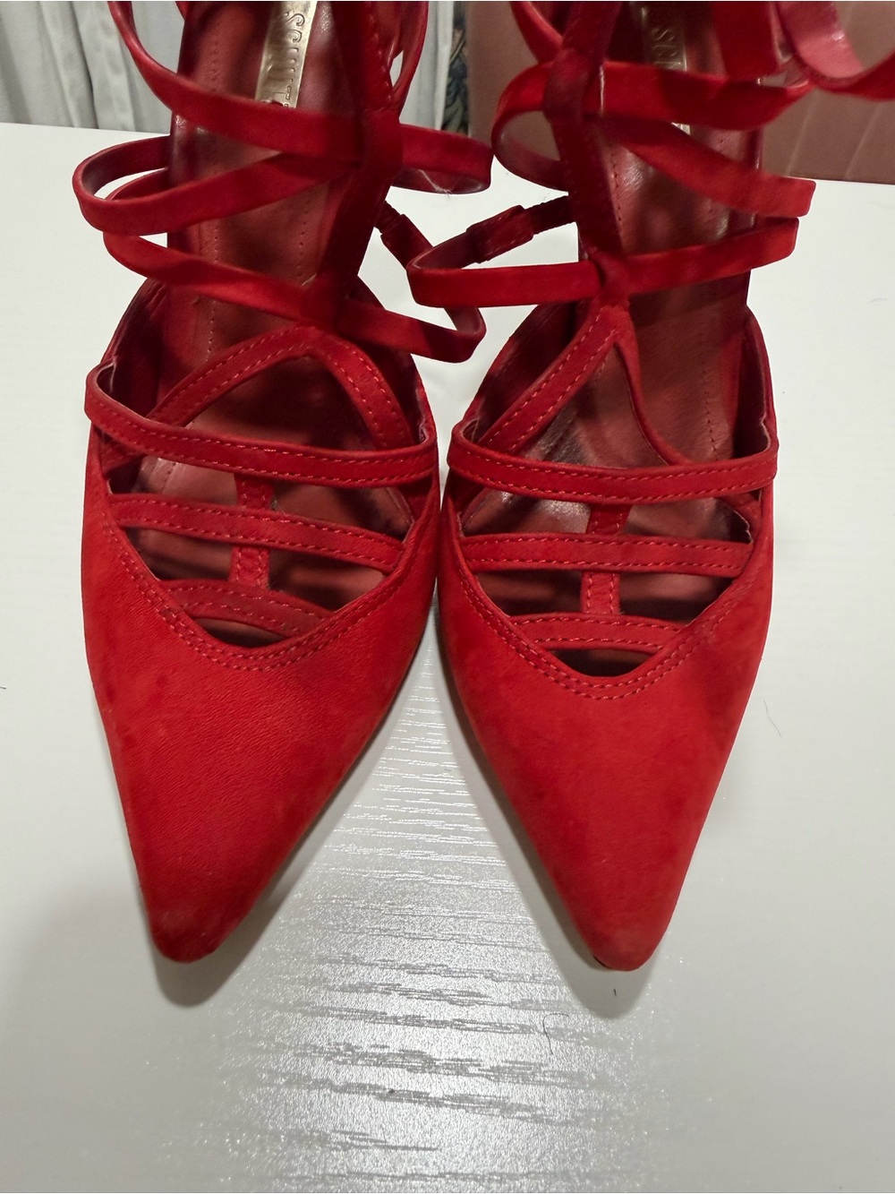 SCHUTZ Red Pointed-Toe Strappy Lace-Up Heels